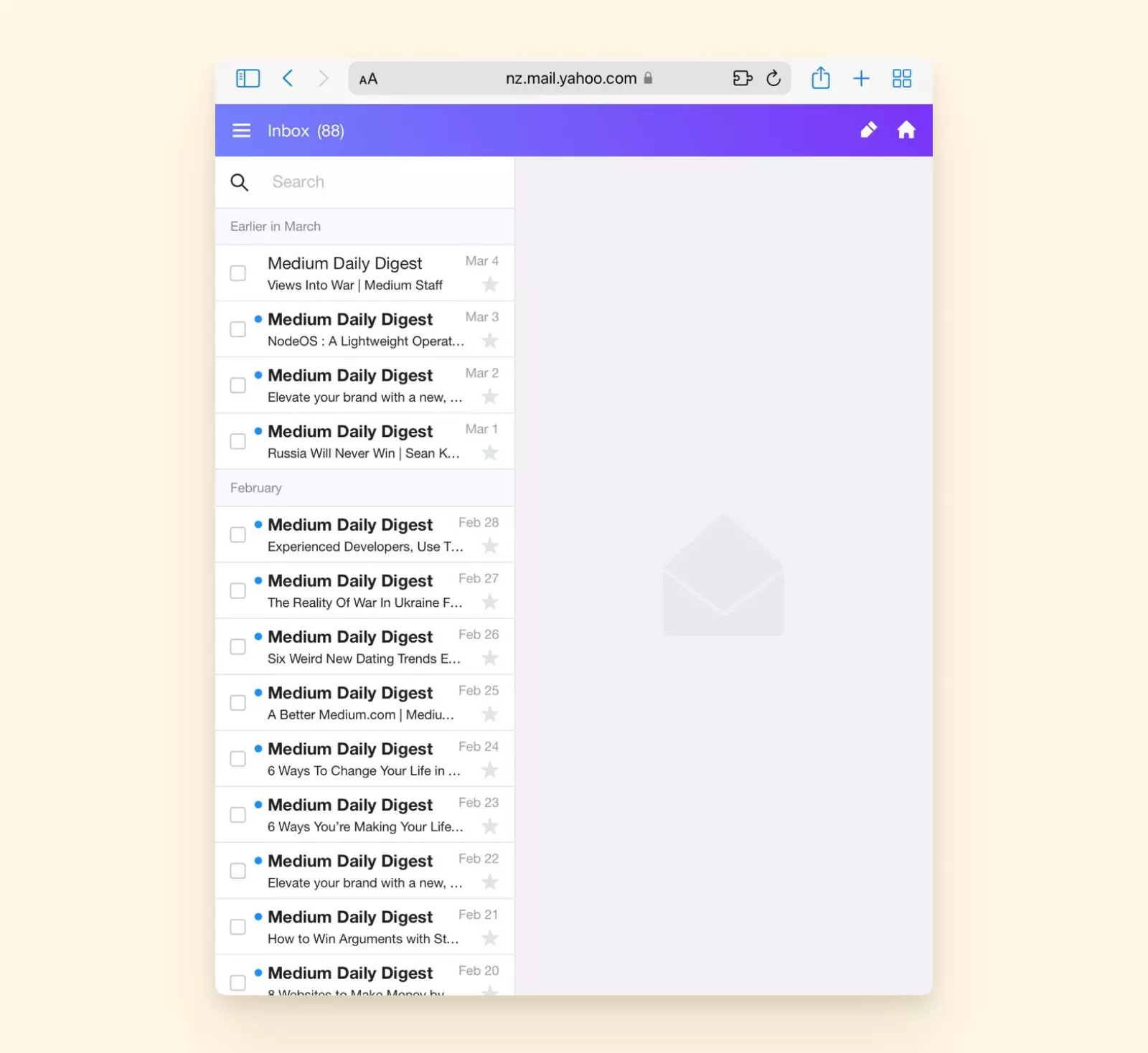 Yahoo Mail interface in an iPad browser