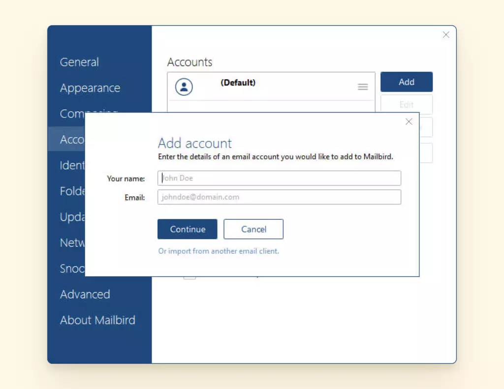 Add account window in Mailbird