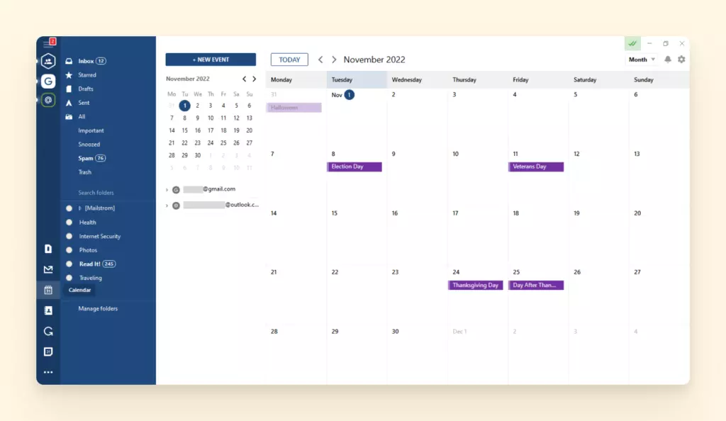 Full month Google calendar view in Mailbird