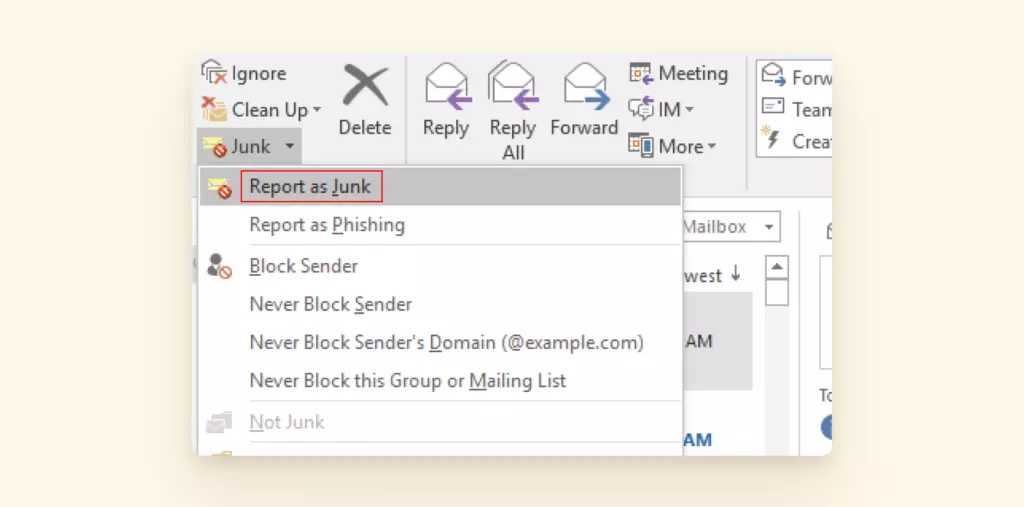 Report as Junk button in the Outlook email client