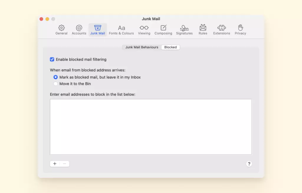 Junk mail settings in Mac Mail