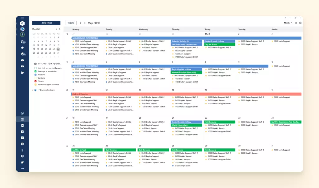 Color-coordinated schedule in Mailbird's native calendar feature