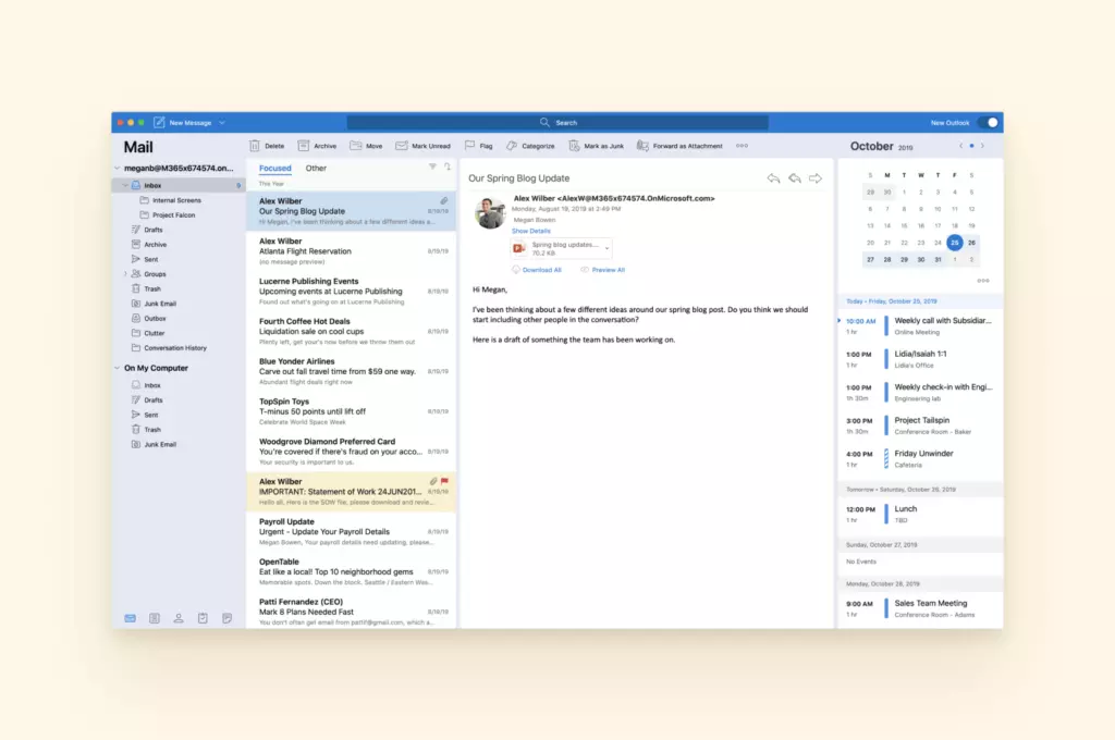 Outlook email client interface