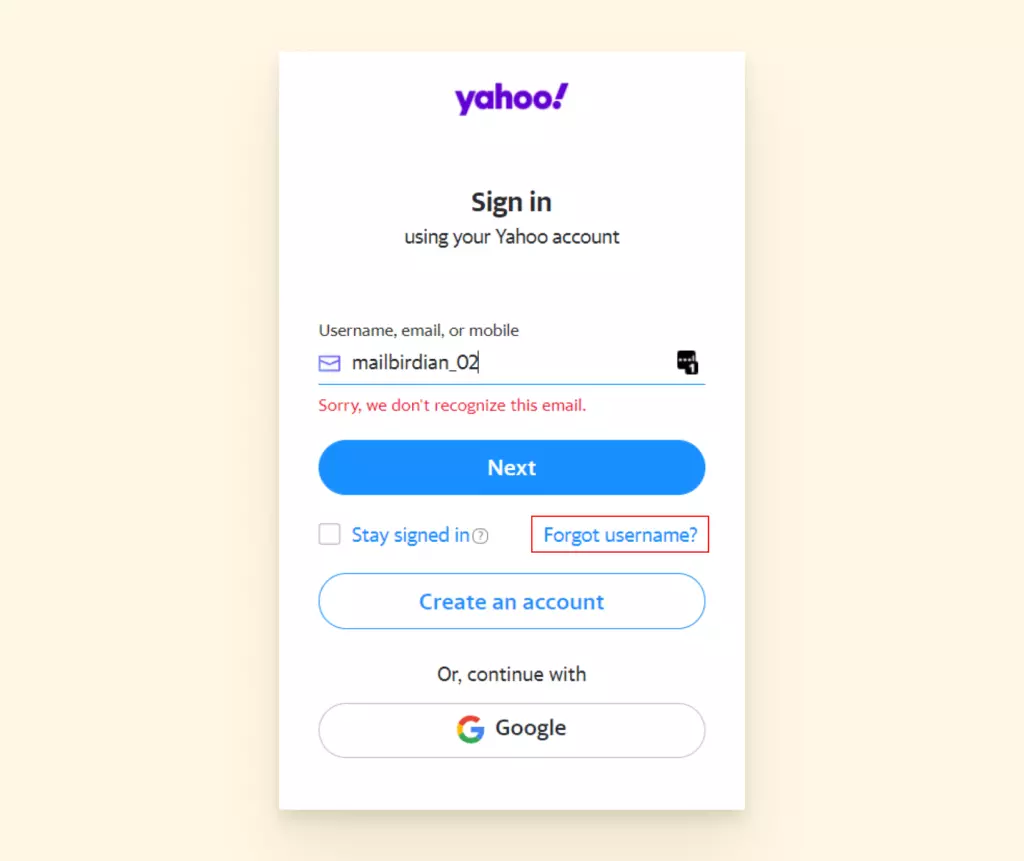 Screenshot of where to find 'forgot user name?' icon for Yahoo email