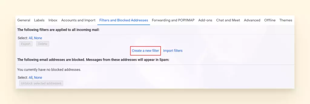 Screenshot of how to forward emails using gmail filters - filters and blocked addresses