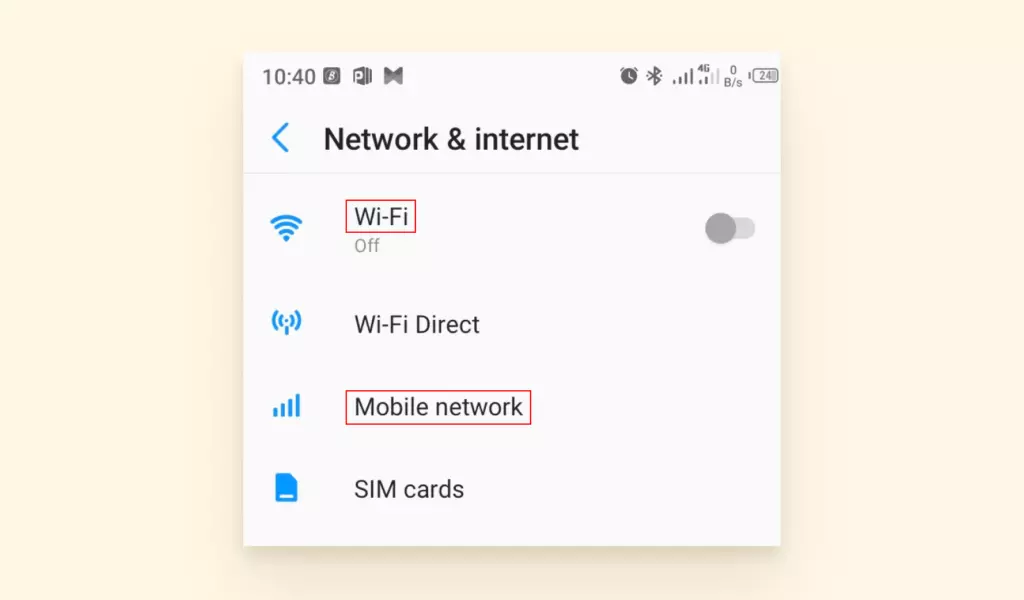 Screenshot of Android internet settings to check
