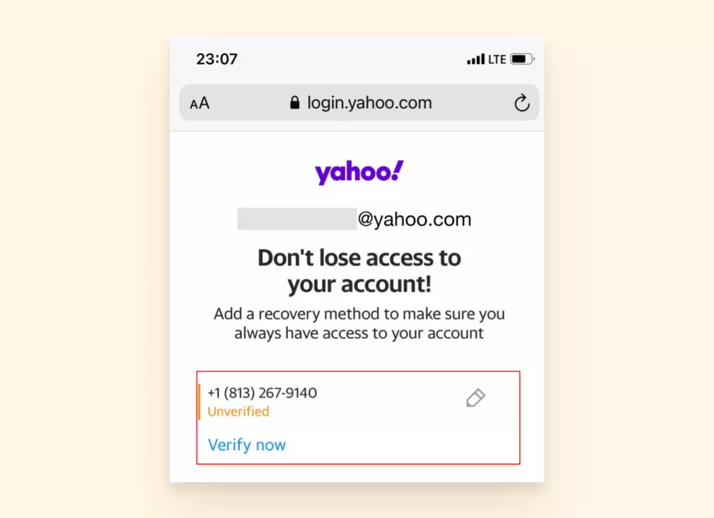 Screenshot of iphone verification yahoo 