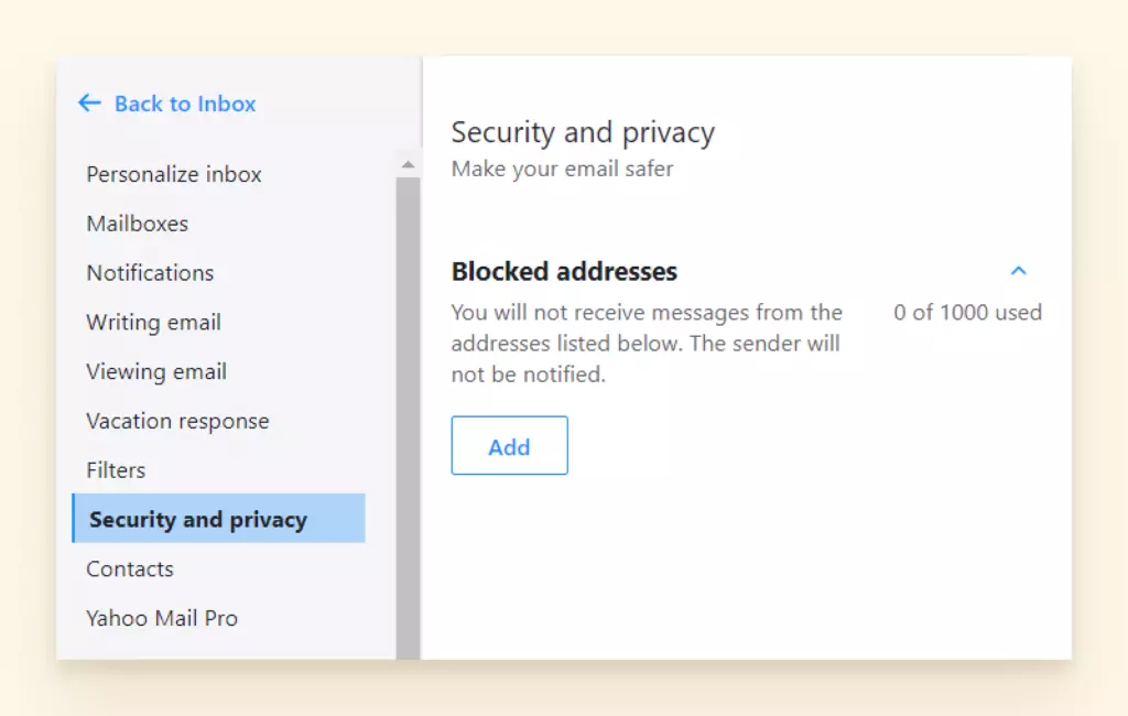 Screenshot showing blocked addresses under security and privacy settings for Yahoo 
