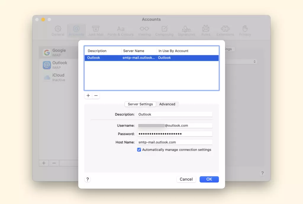 Outlook server settings in Mac Mail