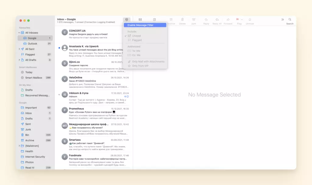 How to enable message filter in Mac Mail