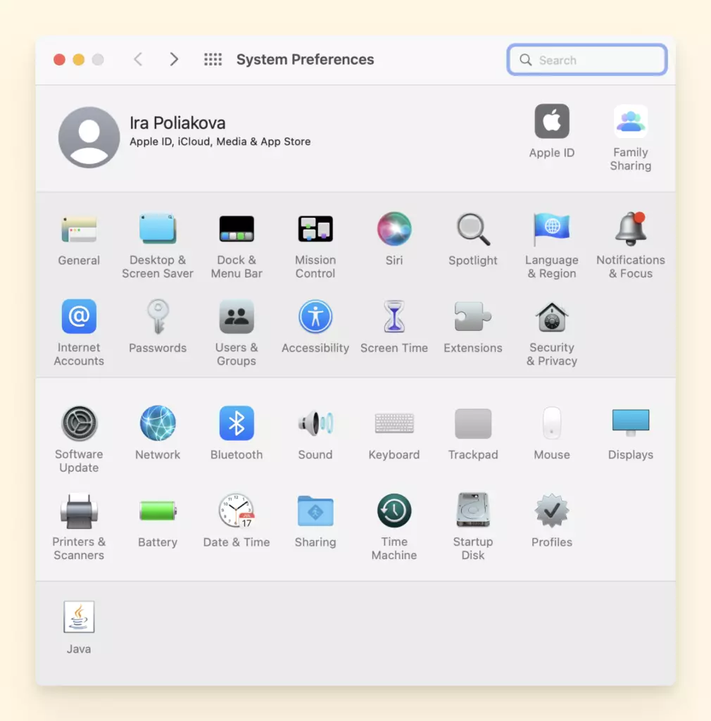 System preferences menu on Mac